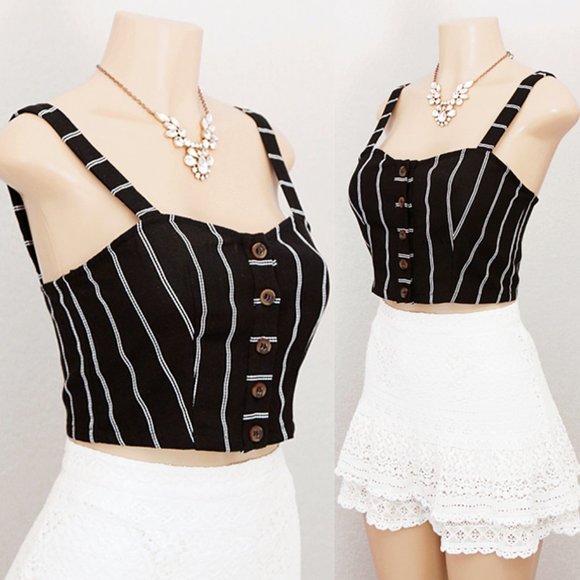 DO+BE Tops - Black Striped Linen Cotton Button Up Cropped Top